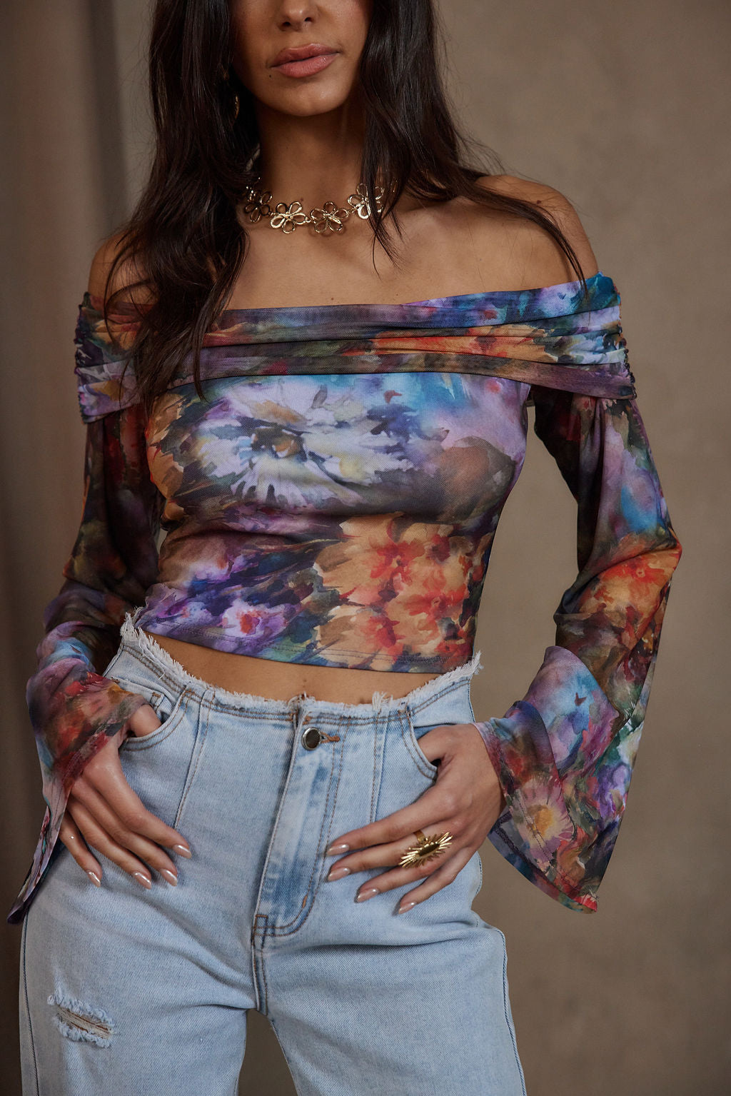Astrid Floral Mesh Long Sleeve Top – 12th Tribe