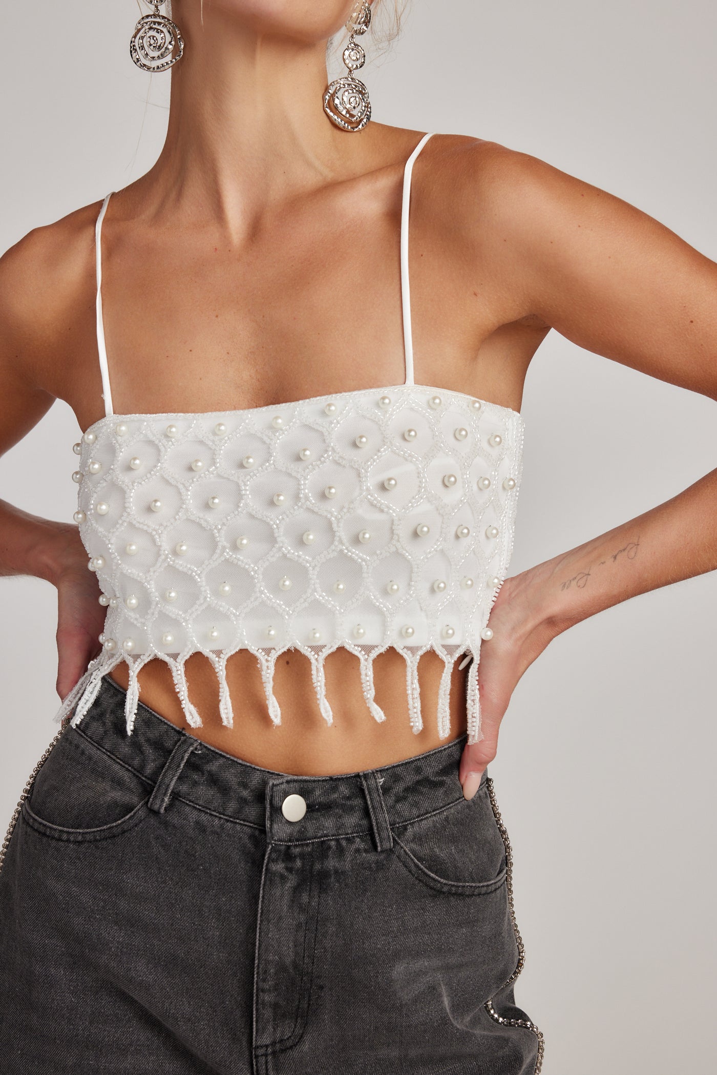 White Sequin Fringe Crop Top L