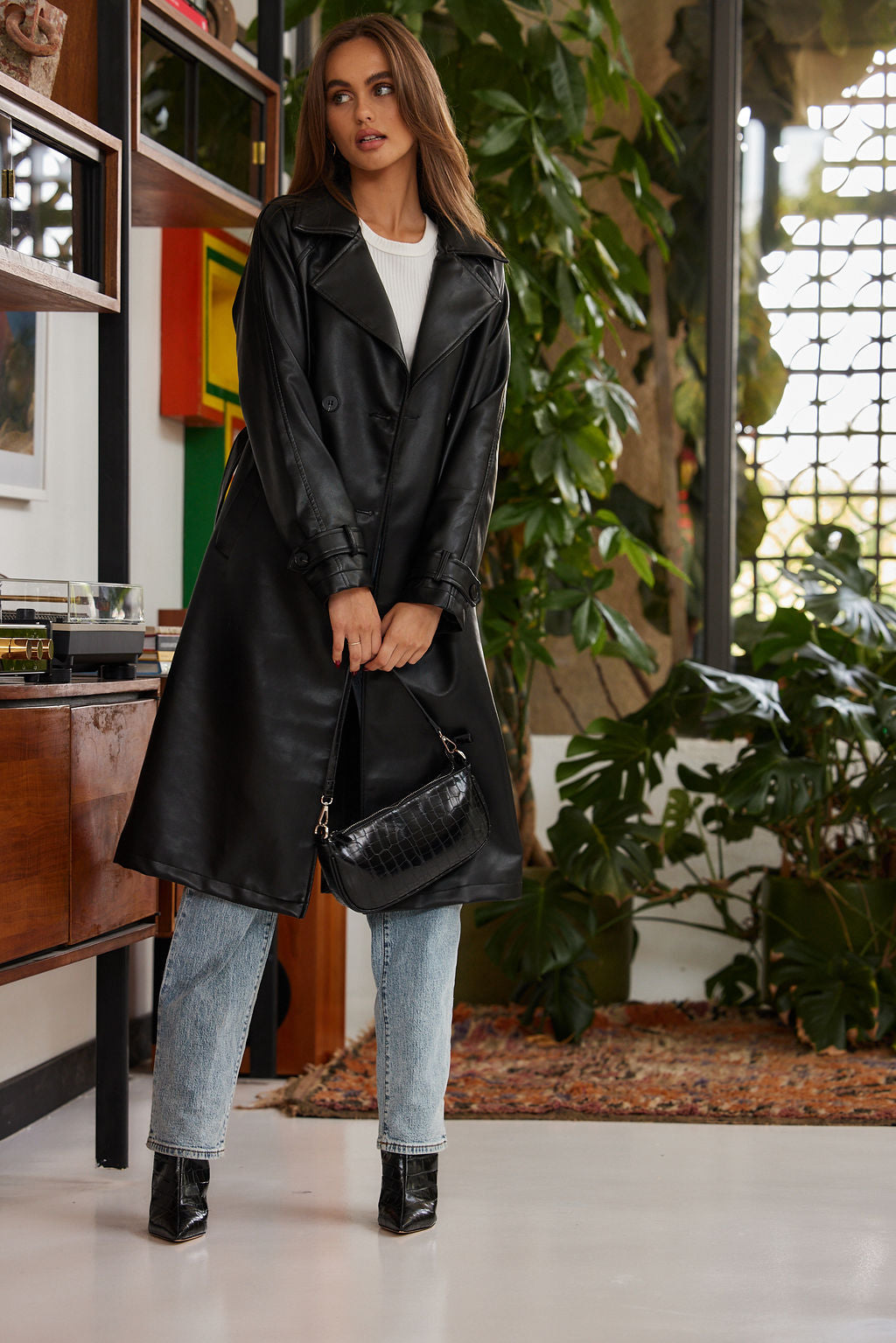 Black faux leather trench coat sale