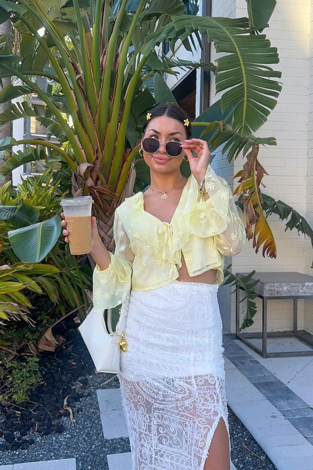 Crop top hotsell Blouse Yellow Ruffle Lace Top