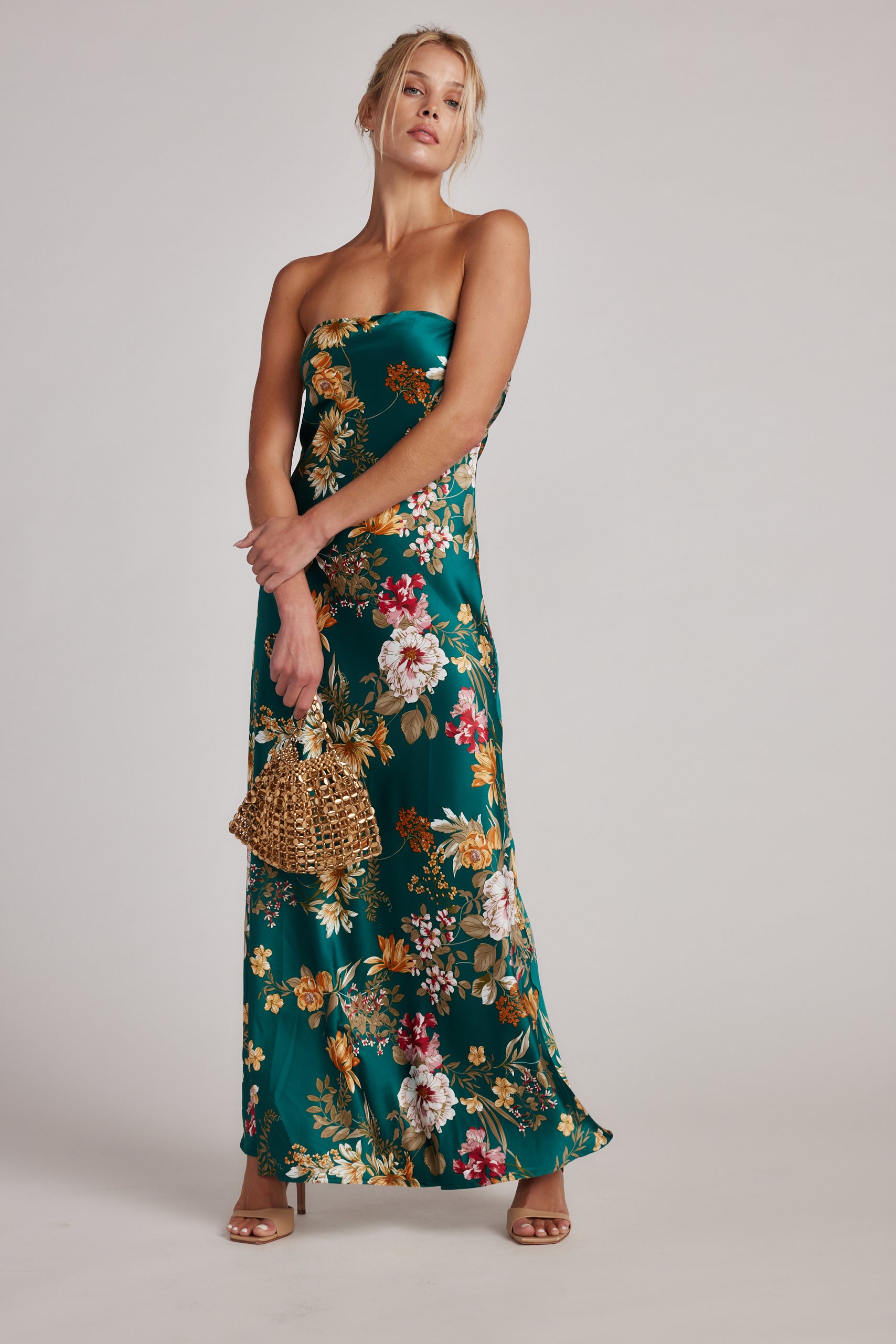 Natalia Emerald Floral Strapless Maxi Dress