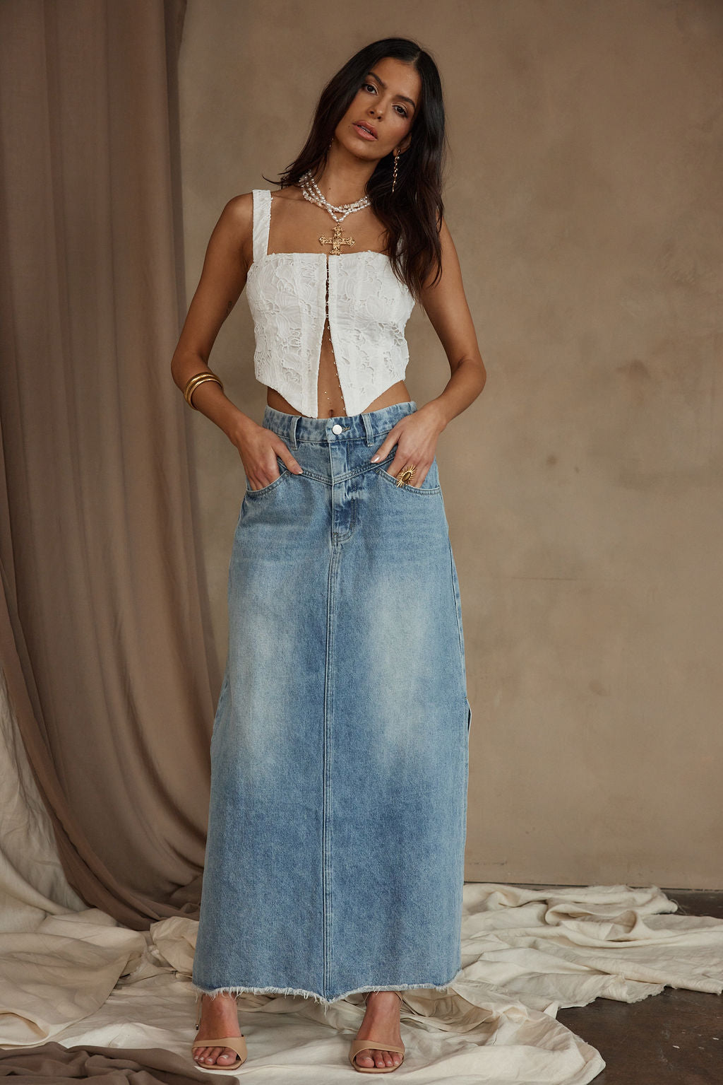 Cut Out Side Split Front Denim Maxi Skirt | Nasty Gal